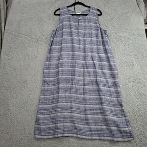Pure Jill J Jill Dress L Blue Stripe Linen Shift Keyhole Side Slits Pockets